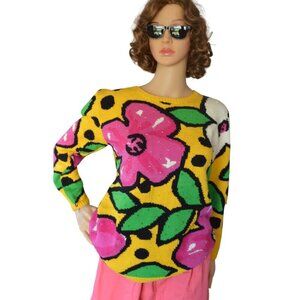 Vintage 90s Bright Bold Funky Knit Flower Sweater Beaded Estimated Womens Medium